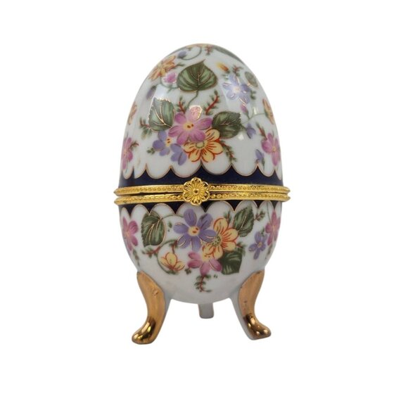 Egg Trinket Box Vintage Floral Porcelain Gold Accents Hinged Lid Tripod Legs - Picture 2 of 10